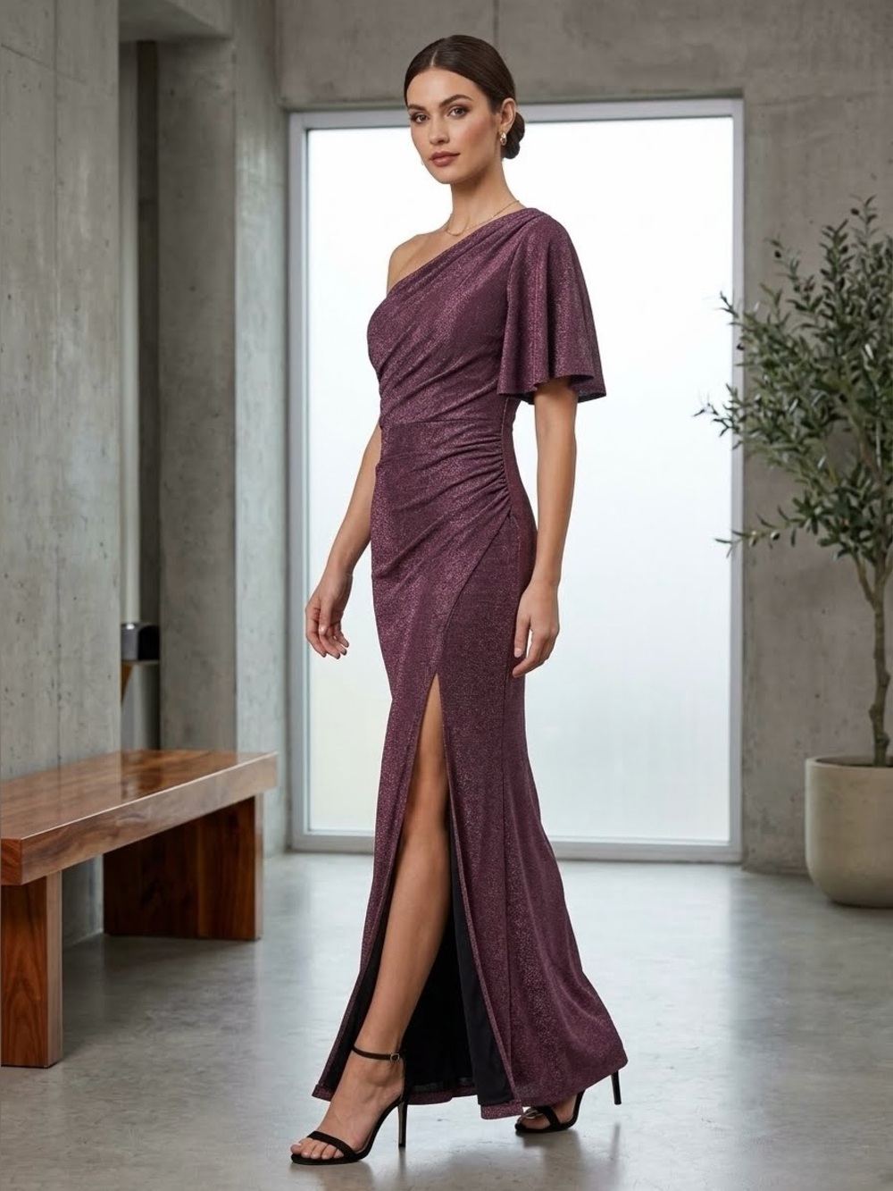 Adrianna Papell One-Shoulder Shimmery Plum Gown